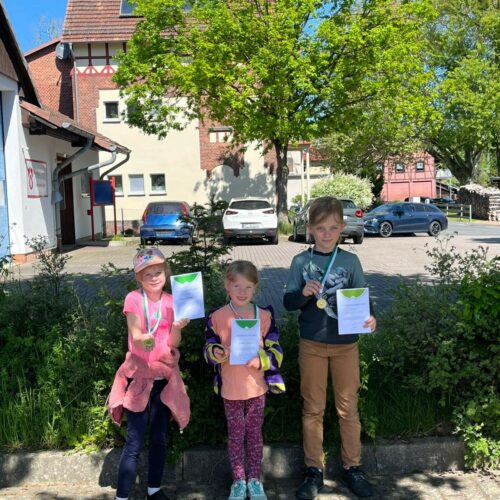 Drei Kinder mit Urkunde und Medaille